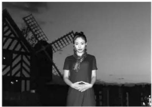 Black-and-white photo of a woman standing in front of a large windmill at dusk, no visible text or symbols.