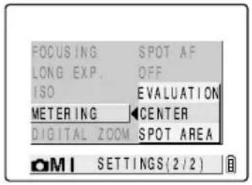 FOCUSING SPOT AF LONG EXP. OFF ISO EVALUATION METERING CENTER DIGITAL ZOOM SPOT AREA M1 SETTINGS (2/2)