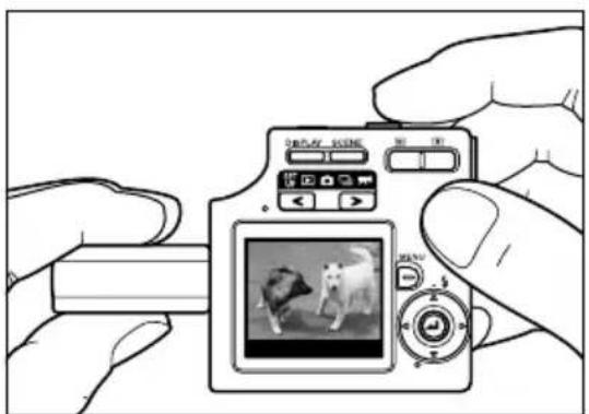Illustration of hands holding a digital camera with a photo frame, no text or symbols present.