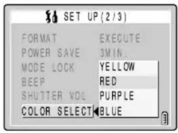 SET UP (2/3) FORMAT EXECUTE POWER SAVE 3MIN. MODE LOCK YELLOW BEEP RED SHUTTER VOL PURPLE COLOR SELECT BLUE
