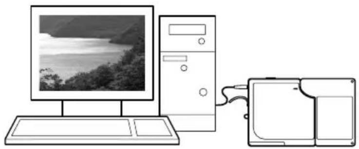 Line drawing of a desktop computer setup with monitor, tower, and keyboard (no text or symbols)