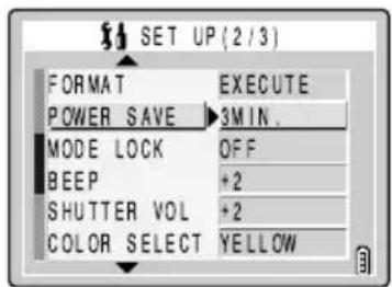 SET UP (2/3) FORMAT EXECUTE POWER SAVE 3MIN. MODE LOCK OFF BEEP +2 SHUTTER VOL +2 COLOR SELECT YELLOW