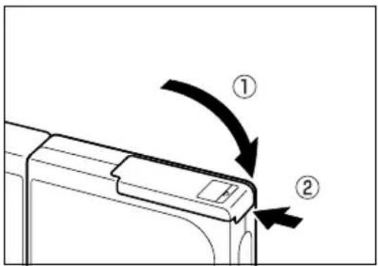 Diagram showing a printer's door mechanism with labeled parts ① and ②, indicating assembly or disassembly steps.