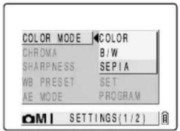 COLOR MODE: B/W CHROMA: SEPIA SHARPNESS: SET WB PRESET: PROGRAM AE MODE: M | SETTINGS (1/2)