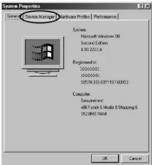 System Properties. General, Device Manager, Hardware Profiles, Performance. System: Microsoft Windows 5B Second Edition 4.10.2222 A. Registered to: XXXXXX XXXXXX 50578-335-03T1187-00053. Computer: GenuineIntel x86 Family 8 Model 8 Stepping 6, 352.0MB RAM. OK, Cancel.