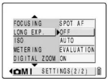 FOCUSING SPOT AF LONG EXP. OFF ISO AUTO METERING EVALUATION DIGITAL ZOOM ON OPTIONS(2/2)