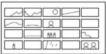 Grid of simple line drawings and symbols, including abstract, human, and geometric shapes.