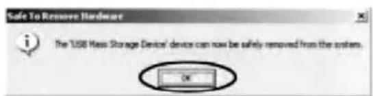 Safe To Remove Hardware. The USB Mass Storage Device can now be safely removed from the system. OK.