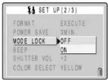 SET UP (2/3) FORMAT EXECUTE POWER SAVE 3MIN. MODE LOCK OFF BEEP ON SHUTTER VOL +2 COLOR SELECT YELLOW