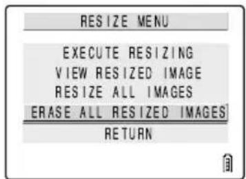 RESIZE MENU EXECUTE RESIZING VIEW RESIZED IMAGE RESIZE ALL IMAGES ERASE ALL RESIZED IMAGES RETURN