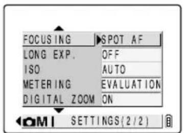 FOCUSING ▶SPOT AF LONG EXP. OFF ISO AUTO METERING EVALUATION DIGITAL ZOOM ON OPTIONS(2/2)