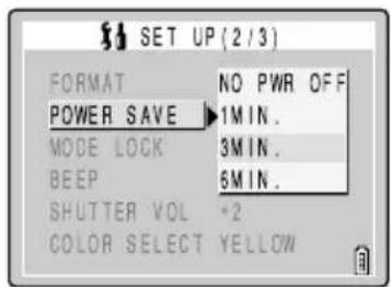 SET UP (2/3) FORMAT NO PWR OFF POWER SAVE 1MIN. MODE LOCK 3MIN. BEEP 6MIN. SHUTTER VOL *2 COLOR SELECT YELLOW