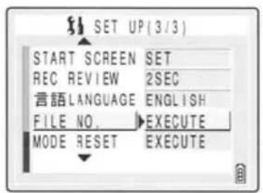 SET UP (3/3) START SCREEN SET REC REVIEW 2SEC LANGUAGE ENGLISH FILE NO. EXECUTE MODE RESET EXECUTE