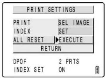 PRINT SETTINGS PRINT SEL IMAGE INDEX SET ALL RESET EXECUTE RETURN DPOF 2 PRTS INDEX SET ON