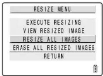 RESIZE MENU EXECUTE RESIZING VIEW RESIZED IMAGE RESIZE ALL IMAGES ERASE ALL RESIZED IMAGES RETURN