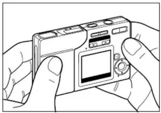 Line drawing of two hands holding a digital camera (no text or symbols visible).