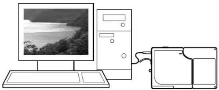 Line drawing of a desktop computer setup with monitor, tower, and computer monitor connected to a device (no text or symbols visible)