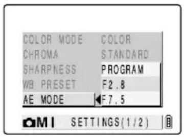 COLOR MODE COLOR CHROMA STANDARD SHARPNESS PROGRAM WB PRESET F2.8 AE MODE F7.5 M1 SETTINGS(1/2)