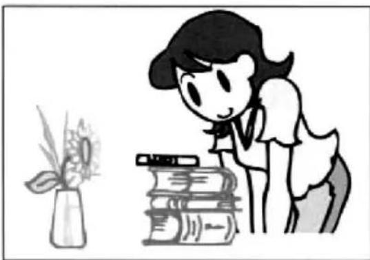 Illustration of a girl sitting beside a stack of books with a flower in the background (no text or symbols)
