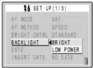 SET UP (1/3) AF MODE SAF AF METHOD SPEED BRIGHT CNTRL STANDARD BACKLIGHT BRIGHT DATE LOW POWER INSERT DATE NO DATE
