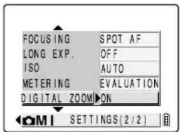 FOCUSING SPOT AF LONG EXP. OFF ISO AUTO METERING EVALUATION DIGITAL ZOOM ON OKI SETTINGS (2/2)