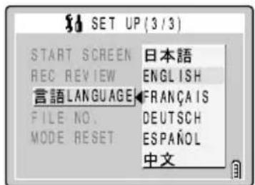 SET UP (3/3) START SCREEN JAPANESE REC REVIEW ENGLISH LANGUAGE FRENCH FILE NO. GERMAN MODE RESET SPANISH CHINESE