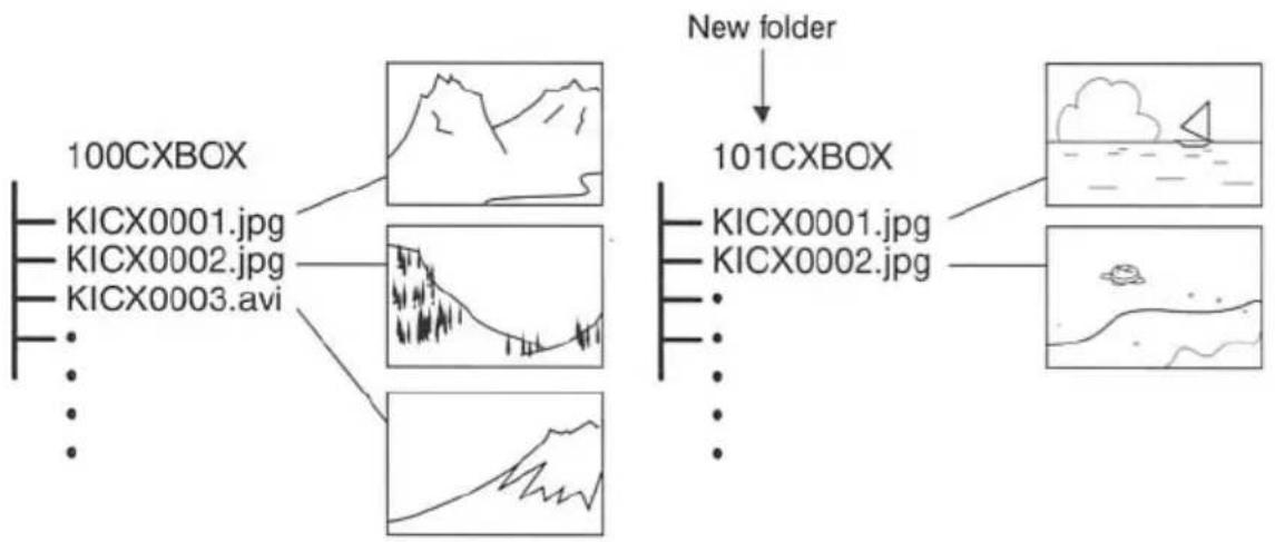 graph TD A["100CXBOX"] --> B["KICX0001.jpg"] A --> C["KICX0002.jpg"] A --> D["KICX0003.avi"] B --> E["Image 1"] C --> F["Image 2"] D --> G["Image 3"] H["New folder"] --> I["101CXBOX"] I --> J["KICX0001.jpg"] I --> K["KICX0002.jpg"] J --> L["Image 1"] K --> M["Image 2"] L --> N["Image 3"] M --> O["Im…