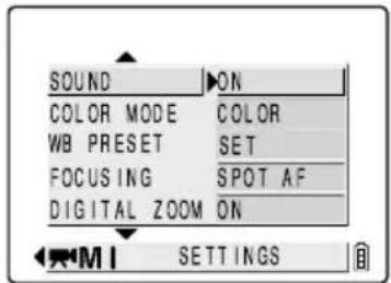 SOUND ON COLOR MODE COLOR WB PRESET SET FOCUSING SPOT AF DIGITAL ZOOM ON M1 SETTINGS