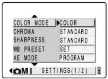 COLOR MODE: COLOR CHROMA: STANDARD SHARPNESS: STANDARD WB PRESET: SET AE MODE: PROGRAM OPTIONS (1/2)