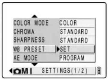 COLOR MODE: COLOR CHROMA: STANDARD SHARPNESS: STANDARD WB PRESET: SET AE MODE: PROGRAM OPTIONS (1/2)