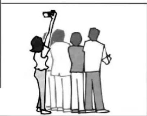 Illustration of four people standing together, one taking a selfie with a camera (no text or symbols)