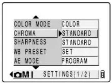 COLOR MODE: COLOR CHROMA: STANDARD SHARPNESS: STANDARD WB PRESET: SET AE MODE: PROGRAM OPTIONS (1/2)