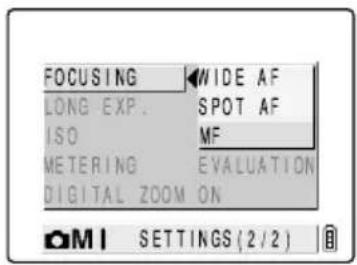 FOCUSING WIDE AF LONG EXP. SPOT AF ISO MF METERING EVALUATION DIGITAL ZOOM ON M1 SETTINGS (2/2)
