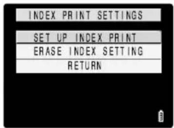 INDEX PRINT SETTINGS SET UP INDEX PRINT ERASE INDEX SETTING RETURN
