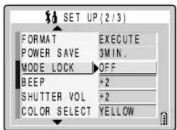 SET UP (2/3) FORMAT EXECUTE POWER SAVE 3MIN. MODE LOCK OFF BEEP +2 SHUTTER VOL +2 COLOR SELECT YELLOW