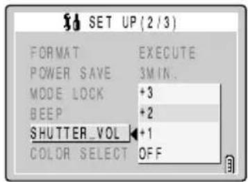 SET UP (2/3) FORMAT EXECUTE POWER SAVE 3MIN. MODE LOCK +3 BEEP +2 SHUTTER VOL +1 COLOR SELECT OFF