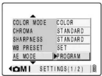 COLOR MODE CHROMA SHARPNESS WB PRESET AE MODE COLOR STANDARD STANDARD SET PROGRAM I M I SETTINGS(1/2)