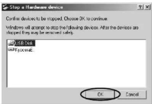 Stop a Hardware device Confirm devices to be stopped. Choose OK to continue. Windows will attempt to stop the following devices. After the device are stopped they may be removed safely. USB Disk KycetaE. OK Cancel