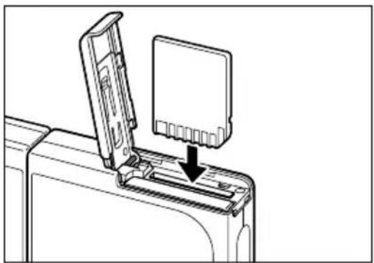 Line drawing of a printer's internal structure with an open lid and arrow indicating insertion (no text or symbols)