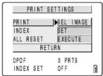 PRINT SETTINGS PRINT SEL IMAGE INDEX SET ALL RESET EXECUTE RETURN DPOF 0 PRTS INDEX SET OFF