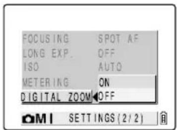 FOCUSING SPOT AF LONG EXP. OFF ISO AUTO METERING ON DIGITAL ZOOM OFF OMI SETTINGS (2/2)