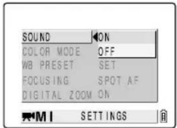SOUND ON COLOR MODE OFF WB PRESET SET FOCUSING SPOT AF DIGITAL ZOOM ON M I SETTINGS