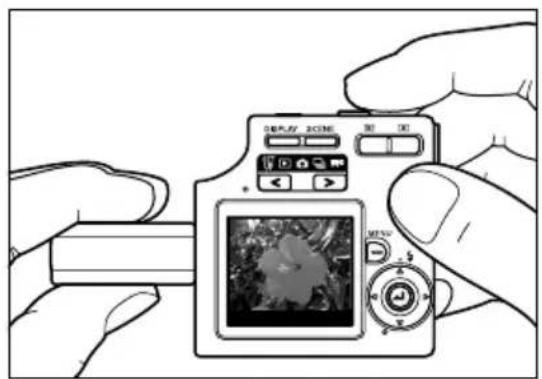 Diagram showing hands holding a digital camera with control panel and display screen, labeled in Chinese.