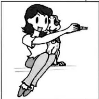 Illustration of a woman sitting and pointing at a dog (no text or symbols present)