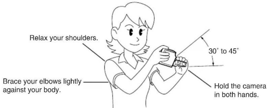 Relax your shoulders. 30° to 45° Brace your elbows lightly against your body. Hold the camera in both hands.