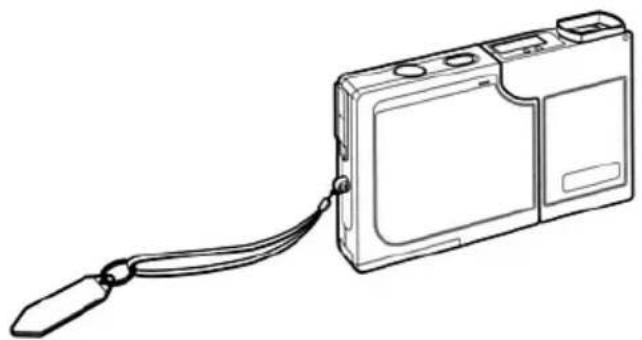 Line drawing of a digital camera with attached cable (no text or symbols).