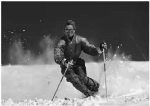 Person skiing down a snowy slope with motion blur, no text or symbols visible.