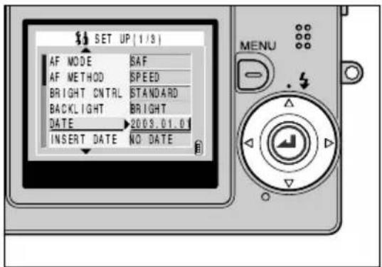 SET UP (1/3) AF MODE SAF AF METHOD SPEED BRIGHT CNTRL STANDARD BACKLIGHT BRIGHT DATE 2003.01.01 INSERT DATE NO DATE MENU