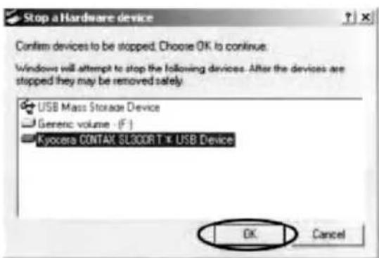 Stop a Hardware device. Confirm devices to be stopped. Choose OK to continue. Windows will attempt to stop the following devices. After the devices are stopped they may be removed safely. USB Mass Storage Device, Generic volume - (F:), Kyocera CONTAK SL300R T ✗ USB Device. OK, Cancel.