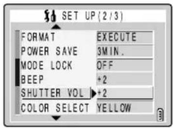 SET UP (2/3) FORMAT EXECUTE POWER SAVE 3MIN. MODE LOCK OFF BEEP +2 SHUTTER VOL +2 COLOR SELECT YELLOW